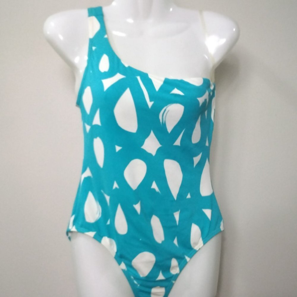 Echo Design Powder Blue One Shoulder Swimsuit White Dots Foam Cups NWT S. 8